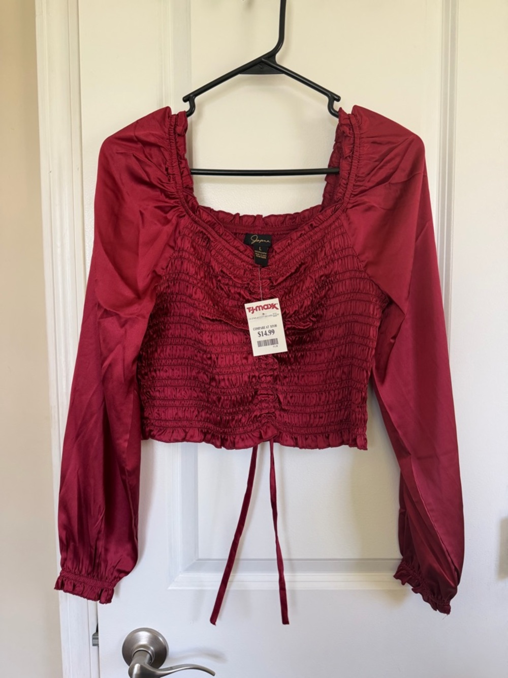 Forever 21 Wine Red Smocked Long-Sleeve Crop Top